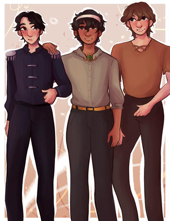 From left to right, Kyran, Cassian, and Felix. Illustrated by @hololeap on twt.