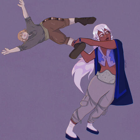 Aurora flinging Silvius by the ankle. Illustrated by @werewolfpresident on IG.